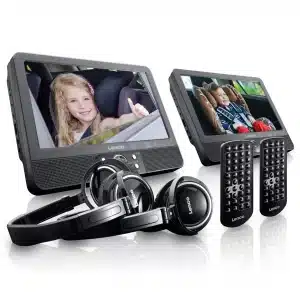 LENCO DVP-939 - 2x9" Bærbar DVD-afspiller med USB, SD, integreret batteri, 2x hovedtelefoner og 2x beslag - Sort